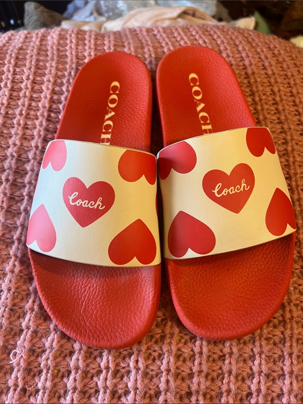 Coach Women’s Red Heart Print Slide Sandals with Cream Strap